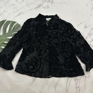 Vision Womens Vintage Y2k Velvet Floral Blouse Top Size L Black Sheer Ruffle